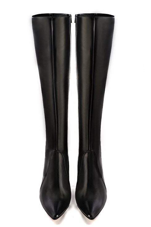Satin black women's feminine knee-high boots. Tapered toe. Very high kitten heels. Made to measure. Top view - Florence KOOIJMAN